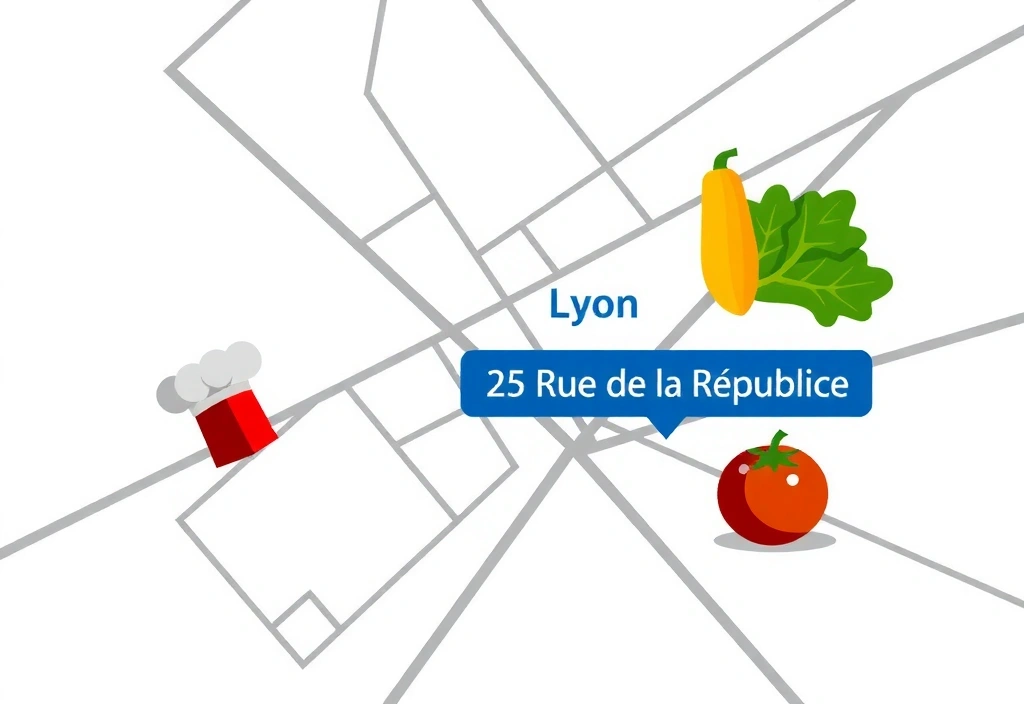 Carte stylisée de Lyon avec l'adresse de Lyonchefcz mise en évidence