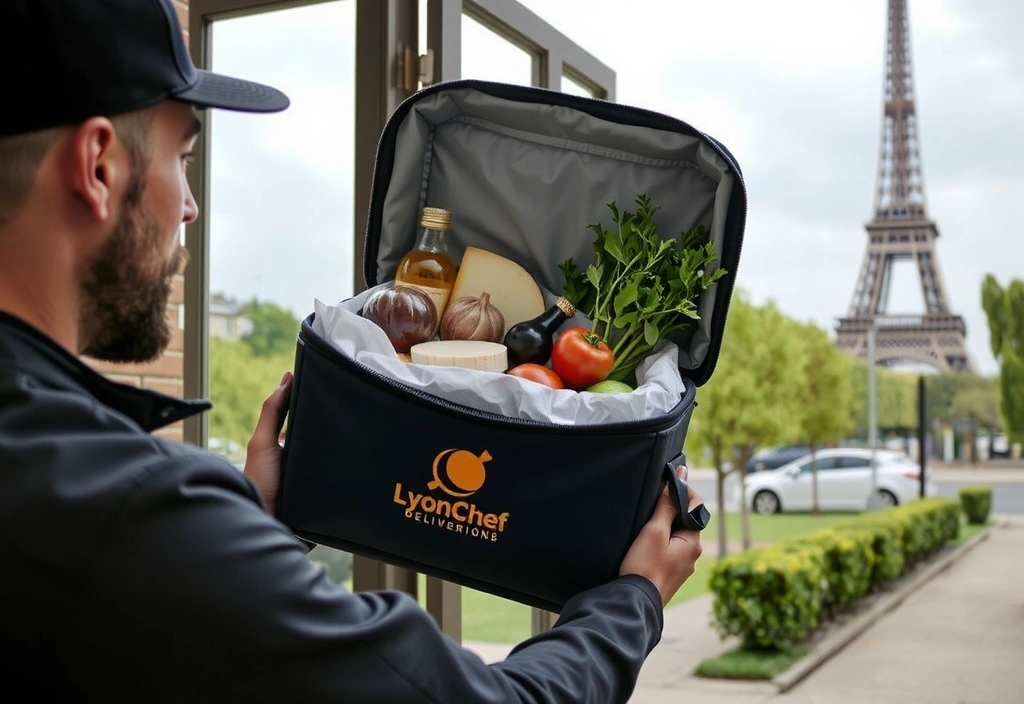 Service de livraison de Lyonchefcz avec des produits frais dans une boîte isolante