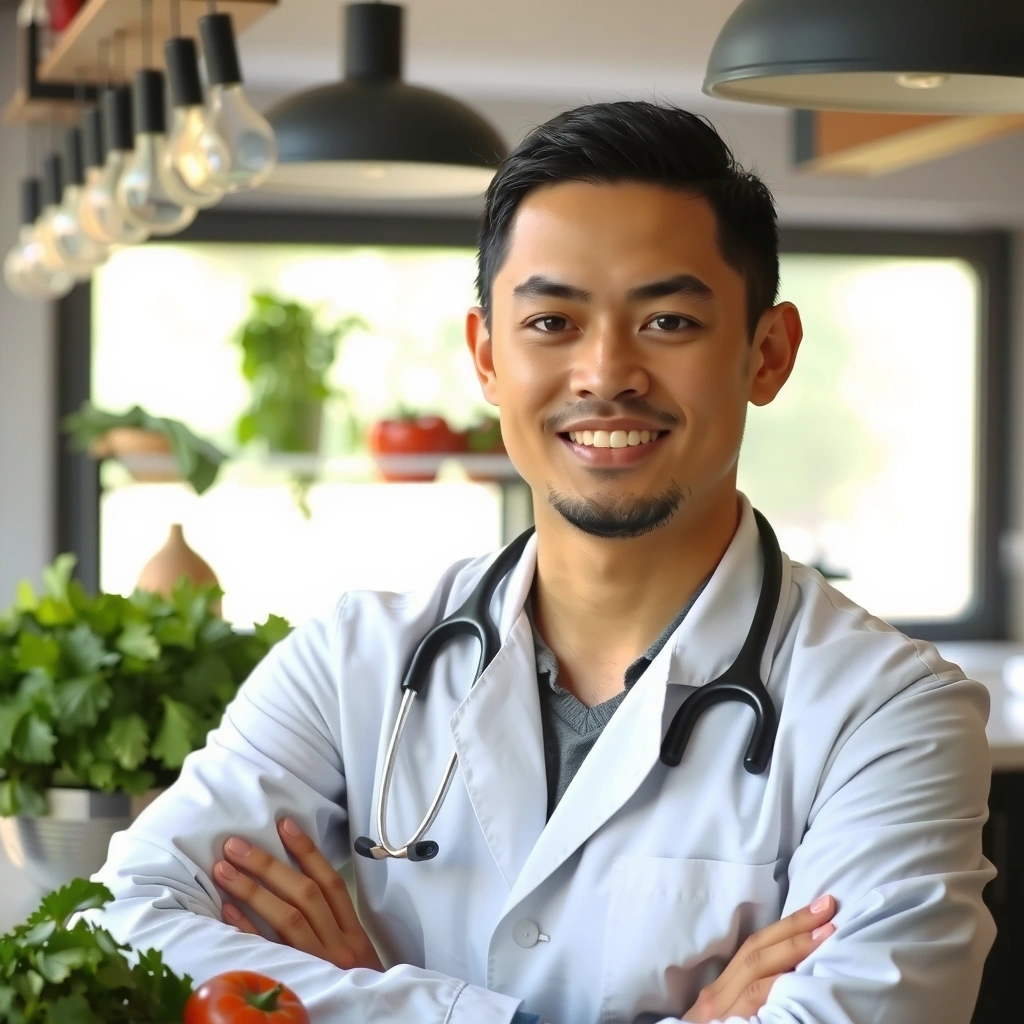 Portrait d'un agronome expert de Lyonchefcz, souriant et entouré d'ingrédients naturels